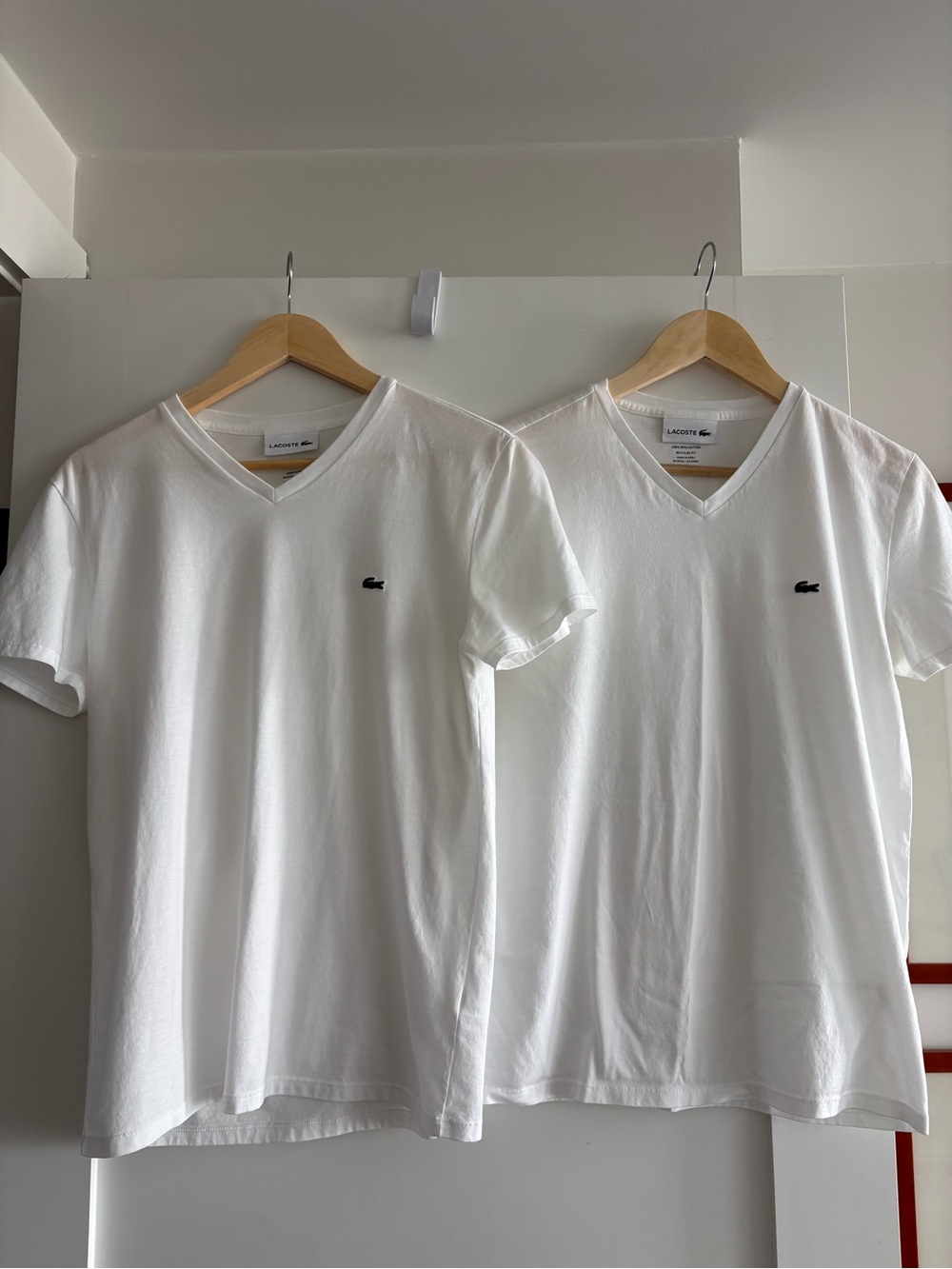 Two Lacoste White V-Neck Short Sleeve Tee with Small Crocodile Patch